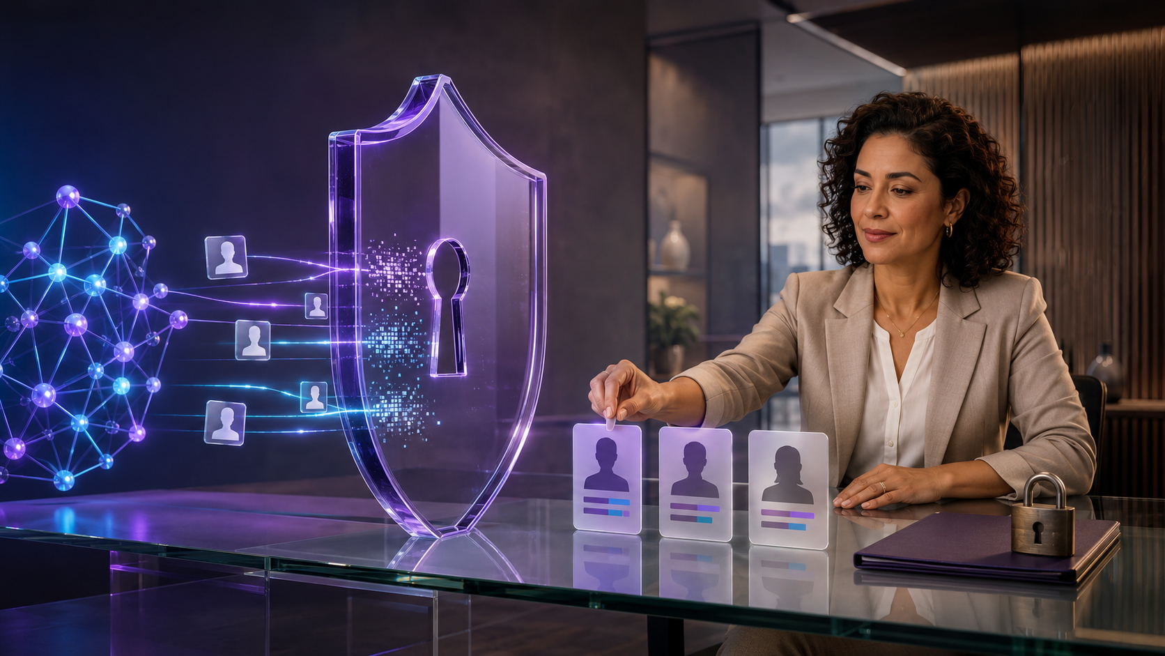 Profissional de RH analisando dados com inteligência artificial e proteção de informações pessoais.