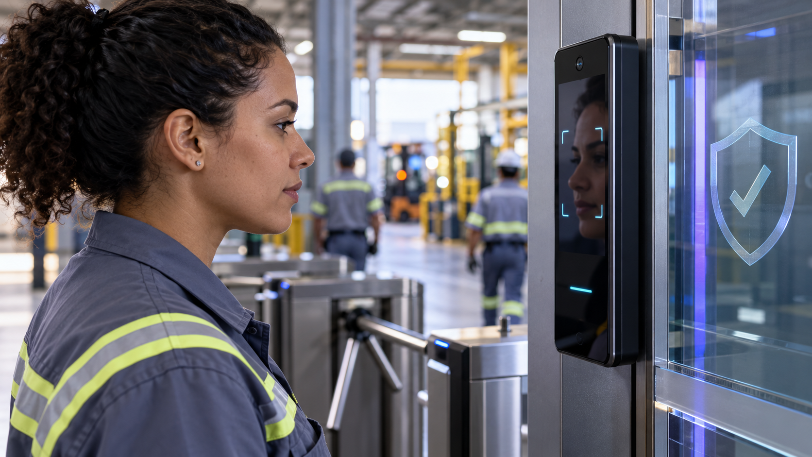Colaborador registrando o ponto por reconhecimento facial em um terminal conectado ao sistema REP-P.
